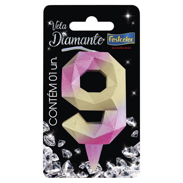 VELA FESTCOLOR DIAMANTE NÚMERO 9 ROSA/DOURADA UNIDADE