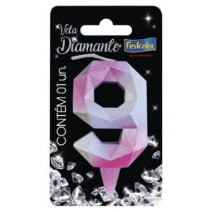 VELA FESTCOLOR DIAMANTE NÚMERO 9 ROSA/PRATA UNIDADE