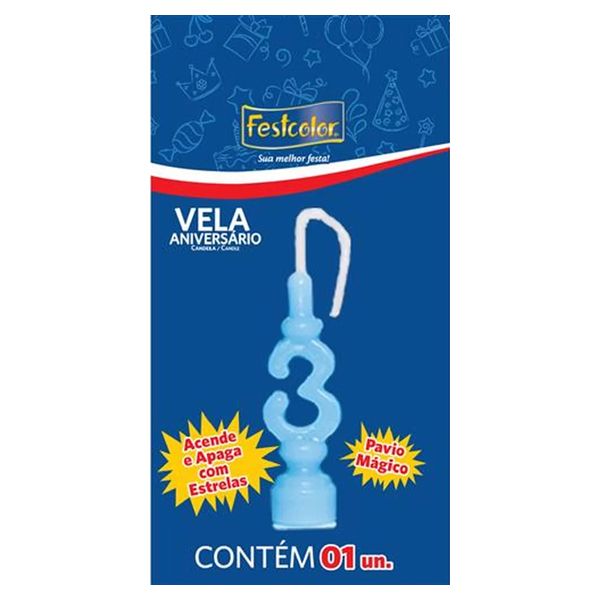 VELA FESTCOLOR ANIVERSÁRIO NÚMERO 3 AZUL UNIDADE