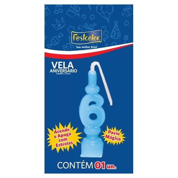 VELA FESTCOLOR ANIVERSÁRIO NÚMERO 6 AZUL UNIDADE