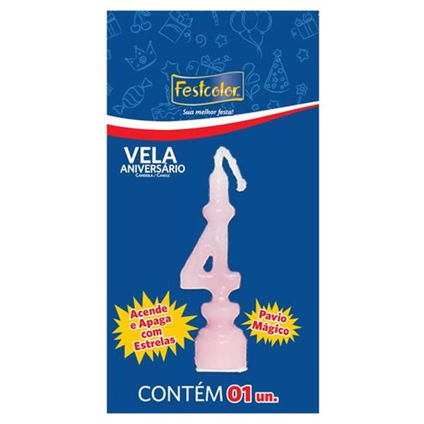 VELA FESTCOLOR ANIVERSÁRIO NÚMERO 4 ROSA UNIDADE