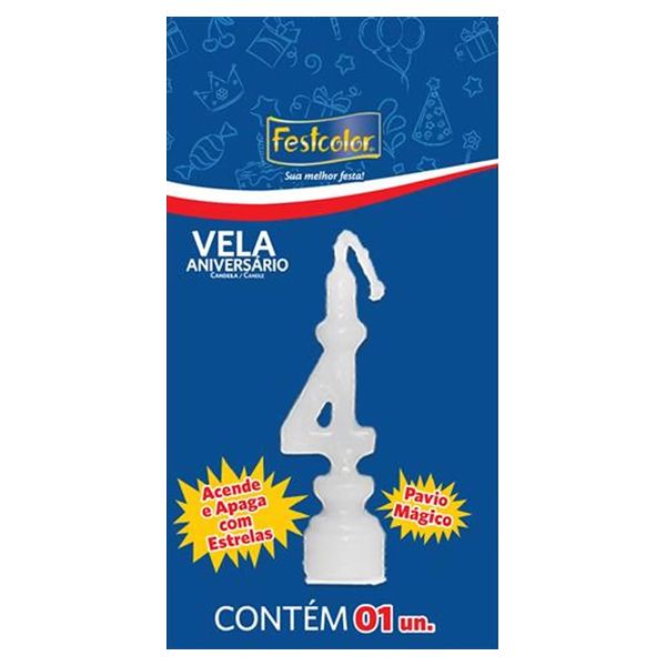 VELA FESTCOLOR ANIVERSÁRIO NÚMERO 4 BRANCA UNIDADE