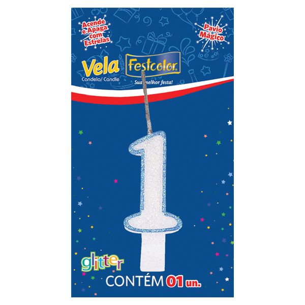 VELA FESTCOLOR GLITTER NÚMERO 1 AZUL UNIDADE