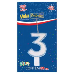 VELA FESTCOLOR GLITTER NÚMERO 3 AZUL UNIDADE