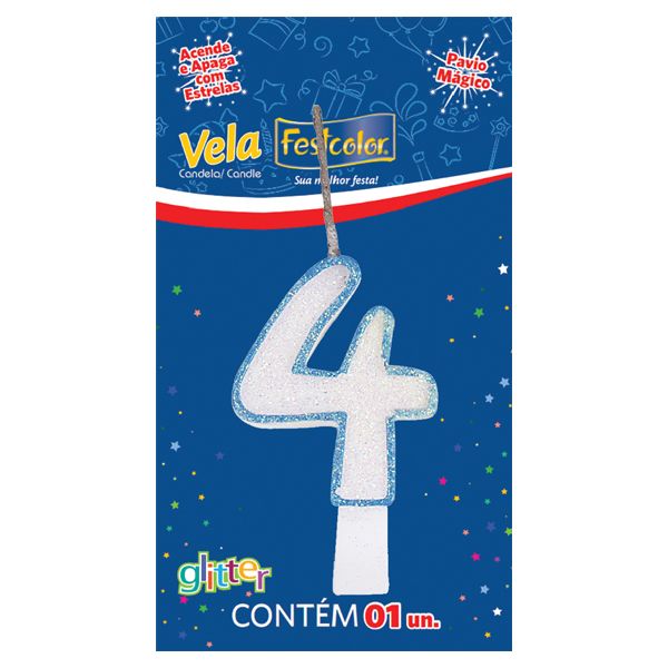 VELA FESTCOLOR GLITTER NÚMERO 4 AZUL UNIDADE