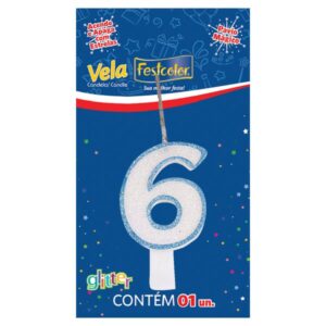 VELA FESTCOLOR GLITTER NÚMERO 6 AZUL UNIDADE