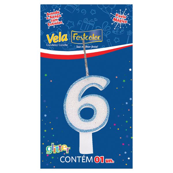 VELA FESTCOLOR GLITTER NÚMERO 6 AZUL UNIDADE