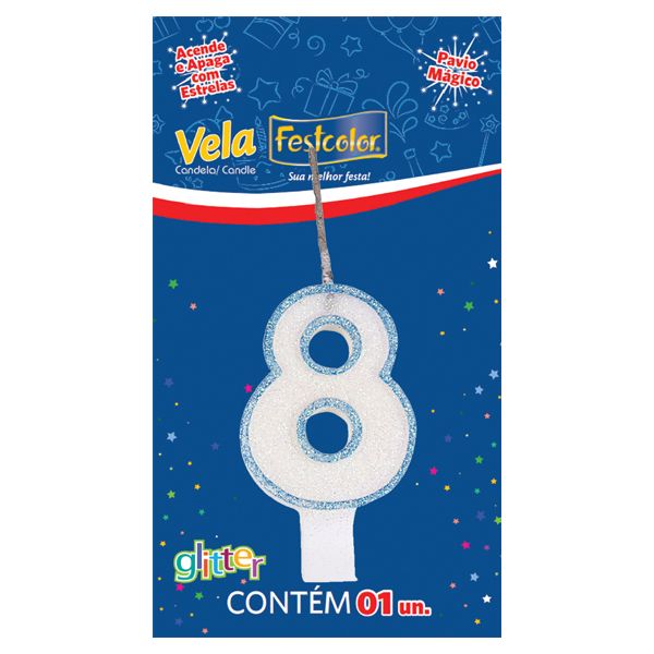 VELA FESTCOLOR GLITTER NÚMERO 8 AZUL UNIDADE