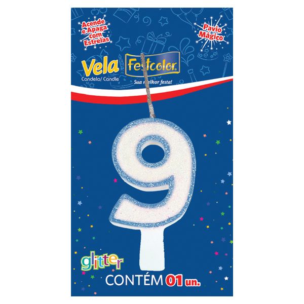 VELA FESTCOLOR GLITTER NÚMERO 9 AZUL UNIDADE