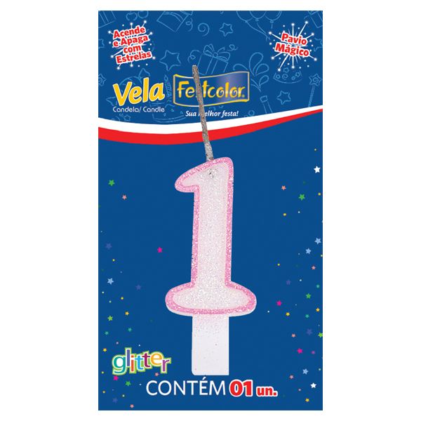 VELA FESTCOLOR GLITTER NÚMERO 1 ROSA UNIDADE