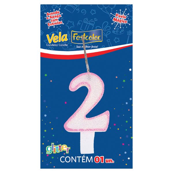 VELA FESTCOLOR GLITTER NÚMERO 2 ROSA UNIDADE