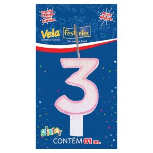 VELA FESTCOLOR GLITTER NÚMERO 3 ROSA UNIDADE