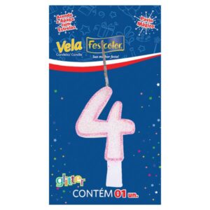 VELA FESTCOLOR GLITTER NÚMERO 4 ROSA UNIDADE