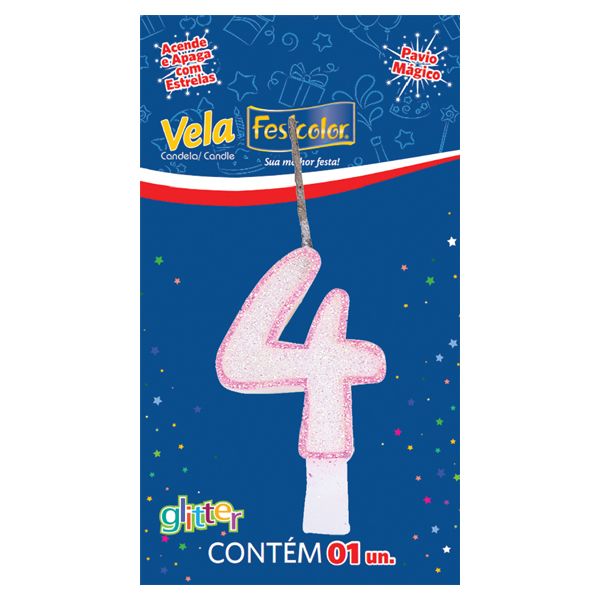 VELA FESTCOLOR GLITTER NÚMERO 4 ROSA UNIDADE