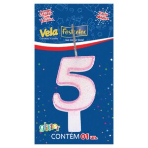 VELA FESTCOLOR GLITTER NÚMERO 5 ROSA UNIDADE