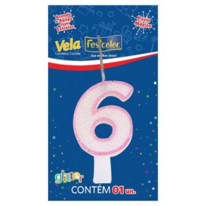 VELA FESTCOLOR GLITTER NÚMERO 6 ROSA UNIDADE
