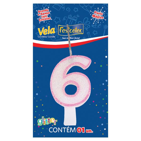 VELA FESTCOLOR GLITTER NÚMERO 6 ROSA UNIDADE