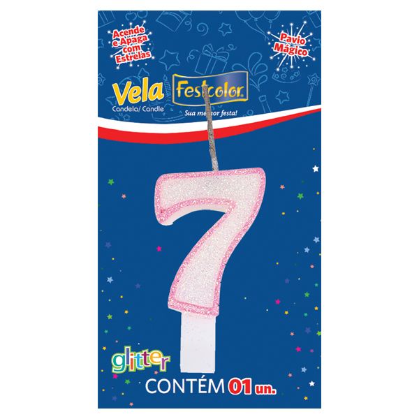 VELA FESTCOLOR GLITTER NÚMERO 7 ROSA UNIDADE