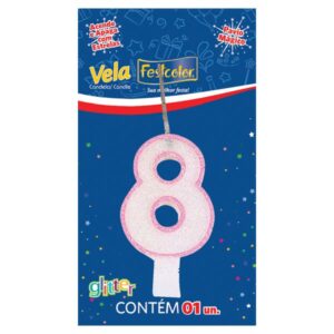 VELA FESTCOLOR GLITTER NÚMERO 8 ROSA UNIDADE