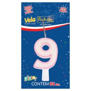 VELA FESTCOLOR GLITTER NÚMERO 9 ROSA UNIDADE