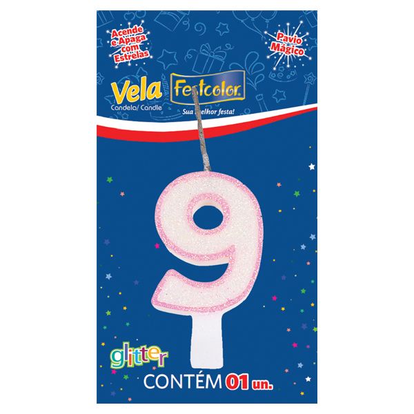 VELA FESTCOLOR GLITTER NÚMERO 9 ROSA UNIDADE