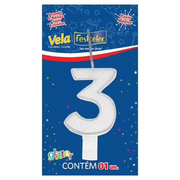 VELA FESTCOLOR GLITTER NÚMERO 3 BRANCA UNIDADE