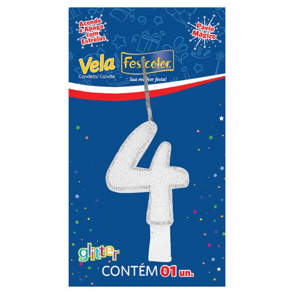 VELA FESTCOLOR GLITTER NÚMERO 4 BRANCA UNIDADE