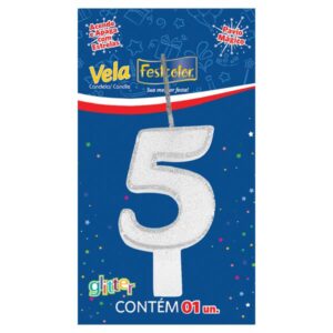 VELA FESTCOLOR GLITTER NÚMERO 5 BRANCA UNIDADE