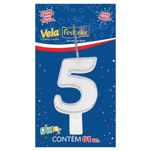 VELA FESTCOLOR GLITTER NÚMERO 5 BRANCA UNIDADE