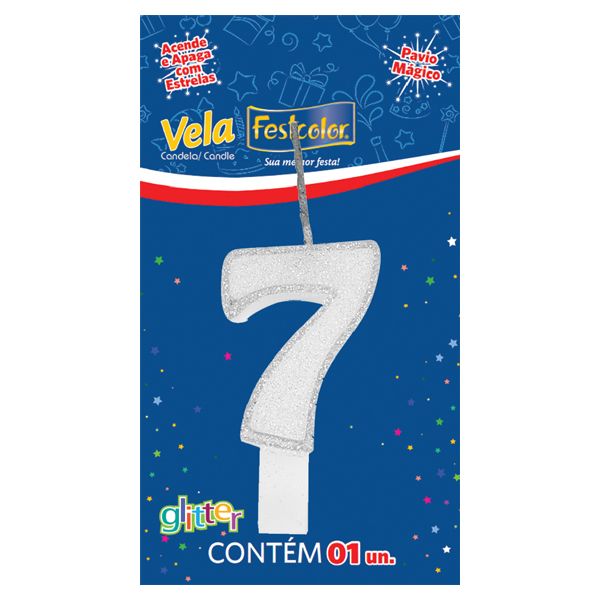 VELA FESTCOLOR GLITTER NÚMERO 7 BRANCA UNIDADE