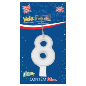 VELA FESTCOLOR GLITTER NÚMERO 8 BRANCA UNIDADE