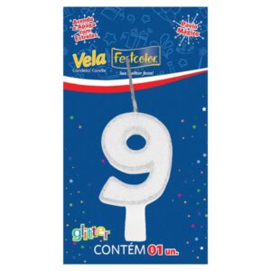 VELA FESTCOLOR GLITTER NÚMERO 9 BRANCA UNIDADE