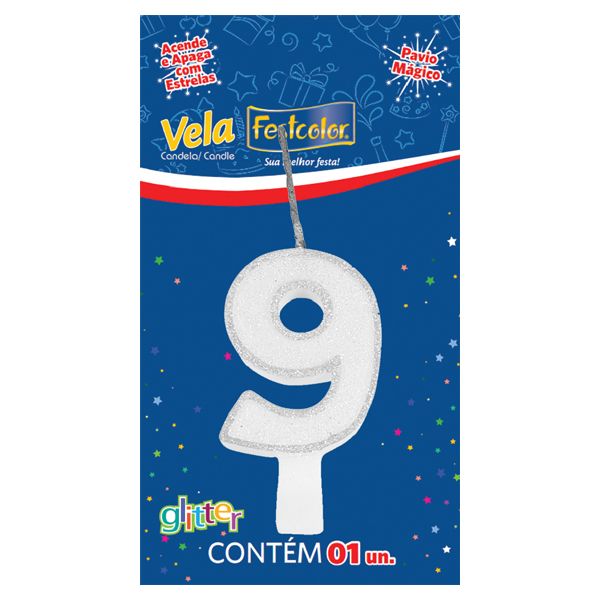 VELA FESTCOLOR GLITTER NÚMERO 9 BRANCA UNIDADE
