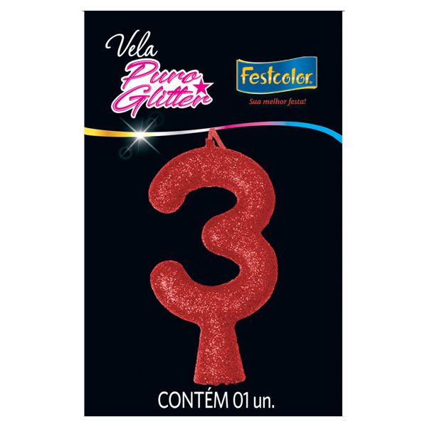 VELA FESTCOLOR PURO GLITTER NÚMERO 3 VERMELHA UNIDADE