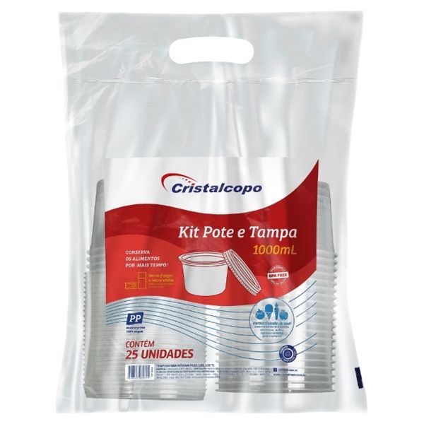 KIT POTE CRISTALCOPO 1000ML SOBRETAMPA TRANSPARENTE COM 25