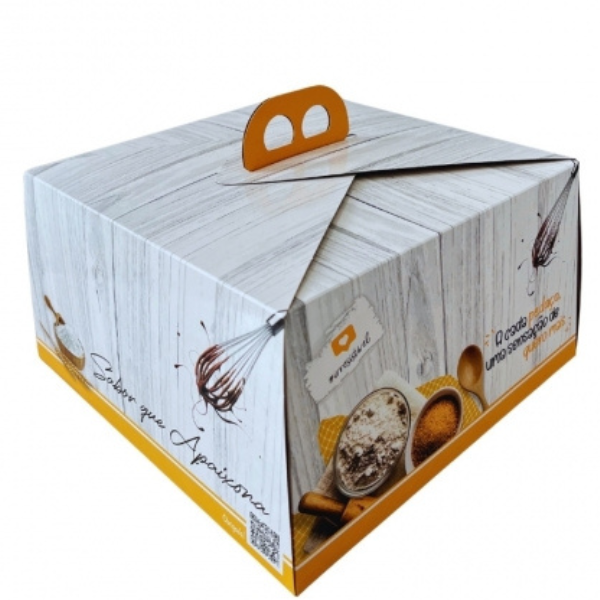 CAIXA PARA BOLO IP72-C COM ALCA SEM TRAVA 30X30X13CM BRANCO COM AMARELO C/50