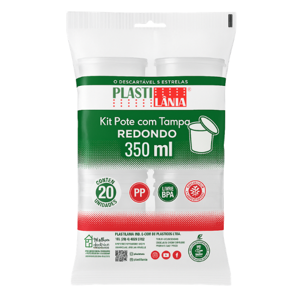 KIT POTE PLASTILANIA REDONDO PP COM TAMPA 350ML C/20