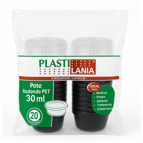 POTE PET PLASTILANIA REDONDO COM TAMPA 30ML PRETO C/20