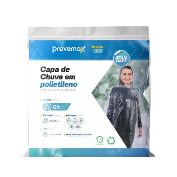 CAPA DE CHUVA POLIETILENIO PREVEMAX STAN DART 120CM COM CAPUZ TRANSPARENTE UNIDADE