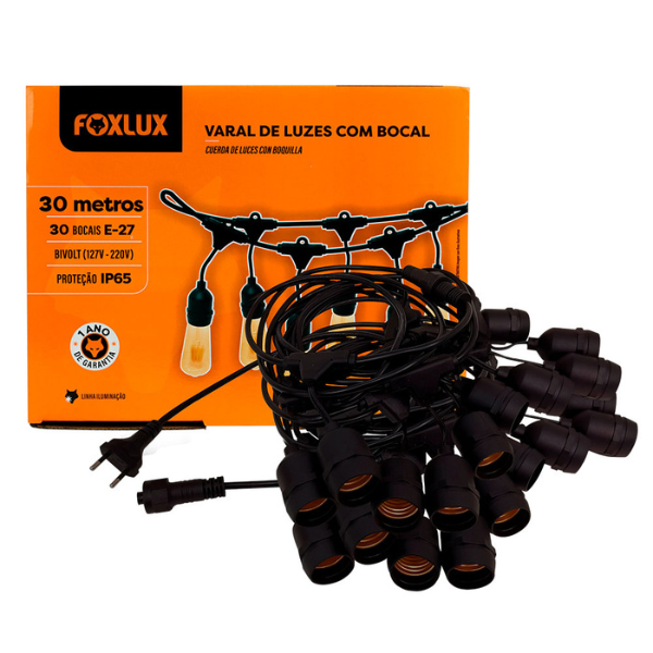 VARAL DE LUZES FOXLUX  BIVOLT COM 30 BOCAIS E-27 30 METROS UNIDADE