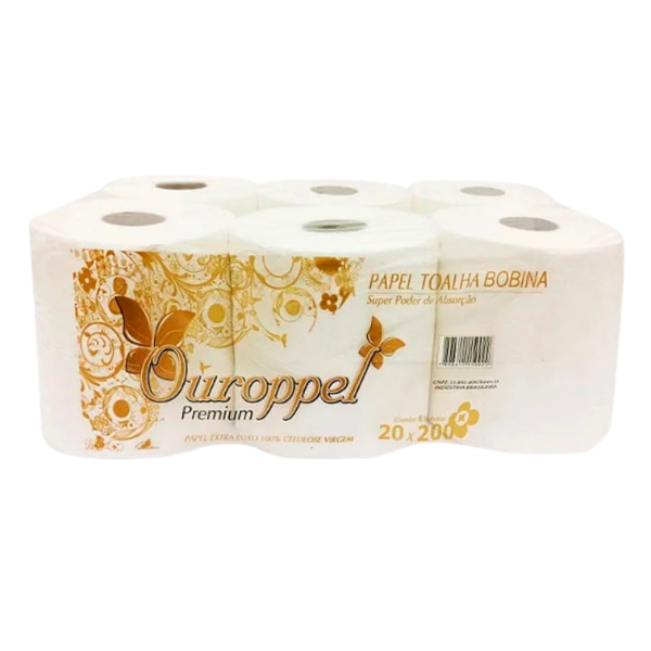 TOALHA PAPEL ROLO OUROPPEL PREMIUM 100% CELULOSE 20X200M COM 6