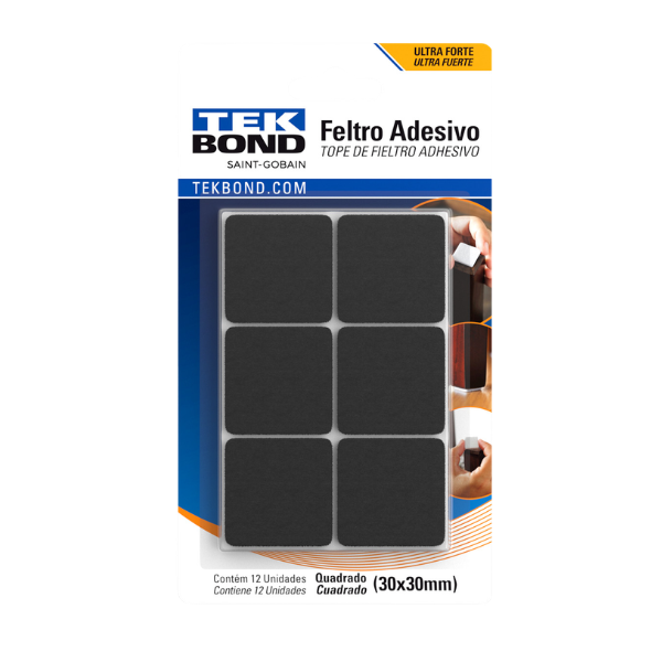PROTETOR FELTRO TEKBOND ADESIVO QUADRADO 30MM PRETO COM 12 UNIDADES