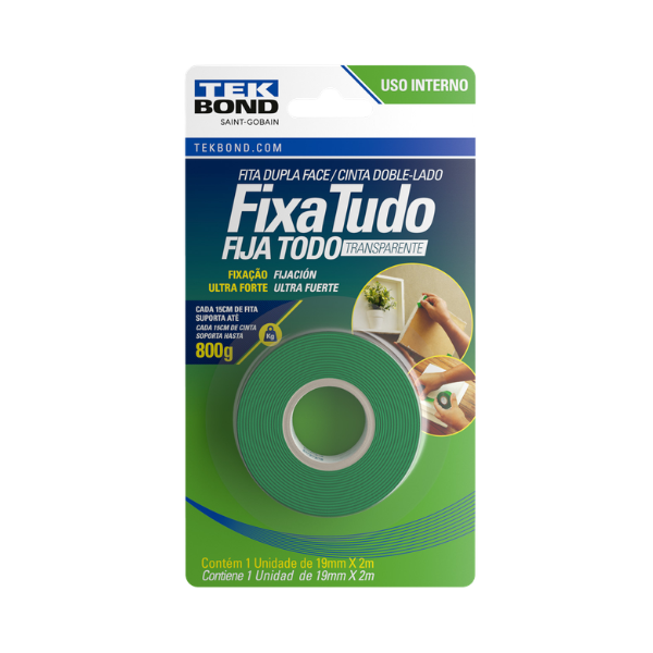 FITA ADESIVA TEKBOND DUPLA FACE FIXA TUDO TRANSPARENTE 19MMX2M