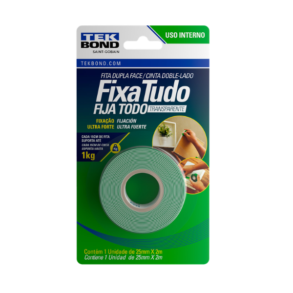 FITA ADESIVA TEKBOND DUPLA FACE FIXA TUDO TRANSPARENTE 25MMX2M