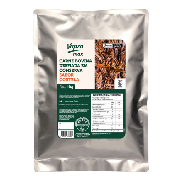 VAPZA MAX CARNE BOVINA DESFIADA EM CONSERVA SABOR COSTELA COM 1,0KG