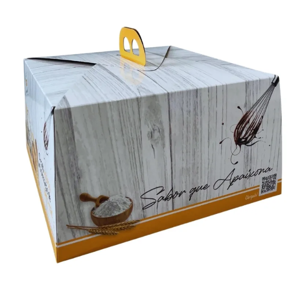 CAIXA PARA BOLO IP70-C COM ALCA SEM TRAVA 25X25X13,5CM BRANCO COM AMARELO C/50